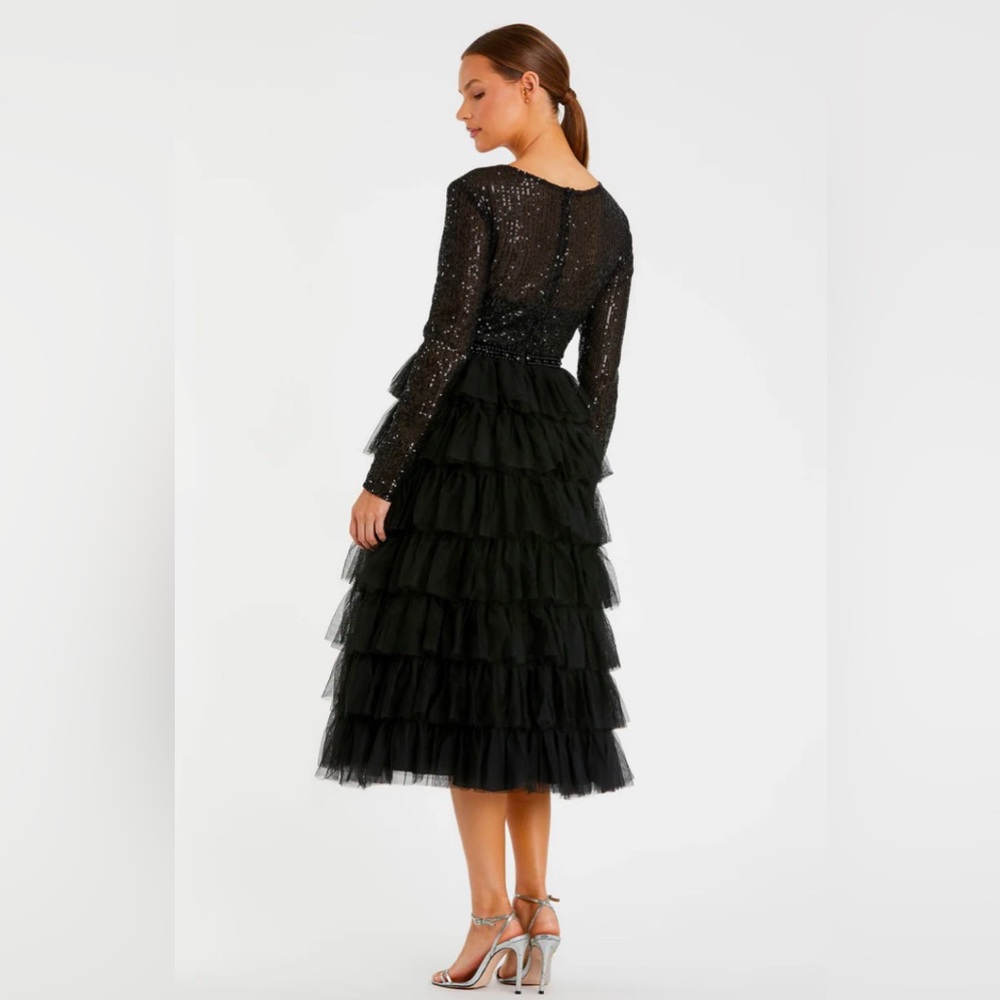 Long Sleeve Ruffle Tiered Midi Mac Duggal. NWT. Size 10 - Picture 4 of 5